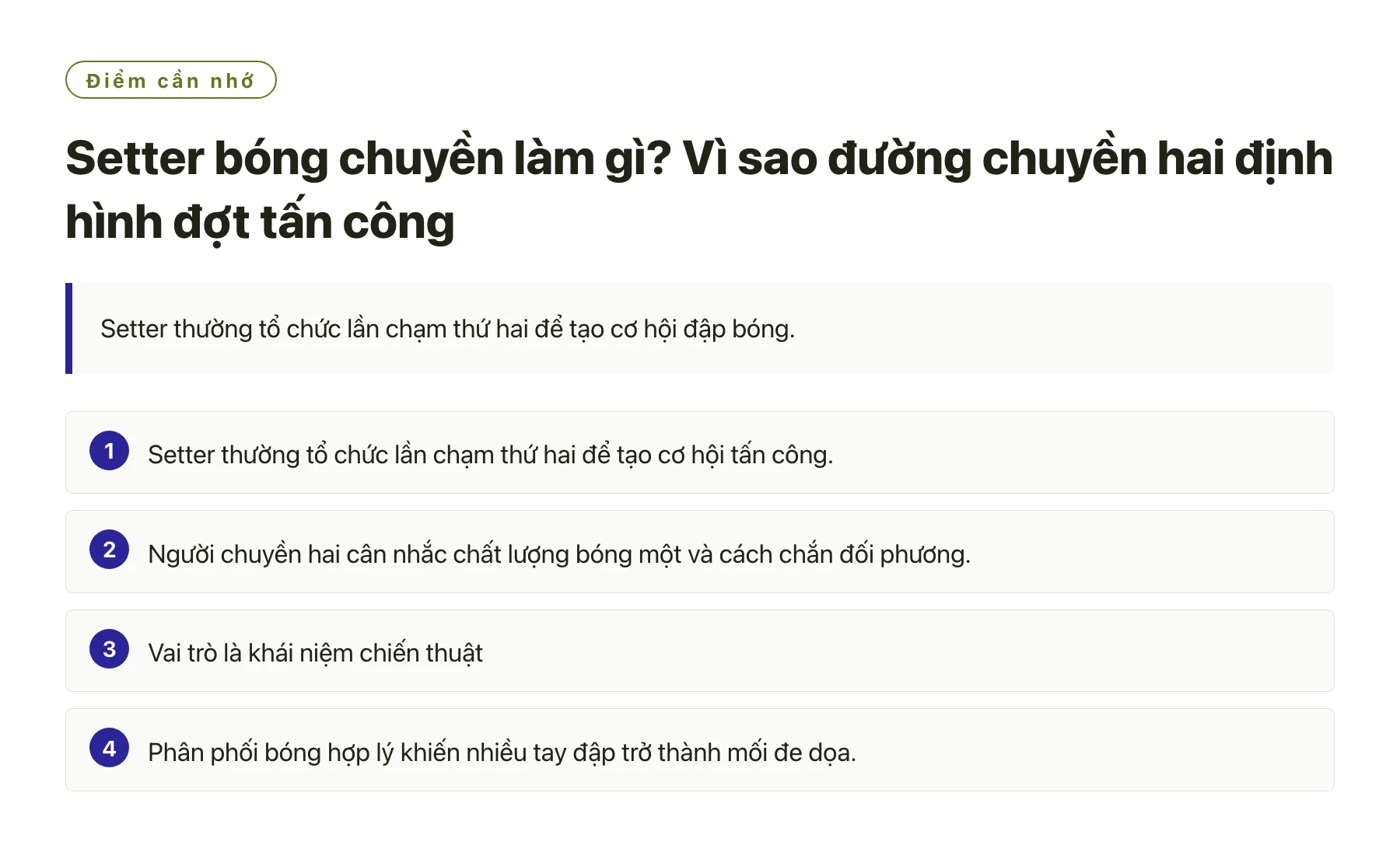 Setter bóng chuyền làm gì? Vì sao đường chuyền hai định hình đợt tấn công——全文要点速览