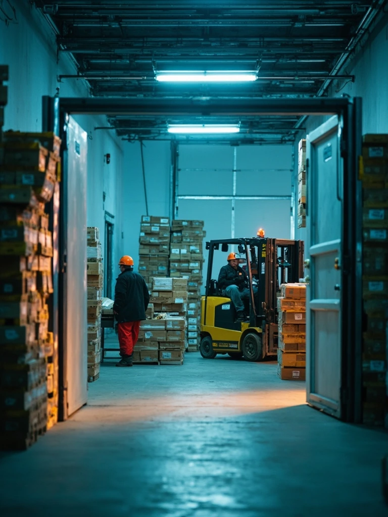 Interior of the GoSh Americas USDA-bonded warehouse in Pharr, Texas, showing stacked pallets of fresh produce under LED lighting.